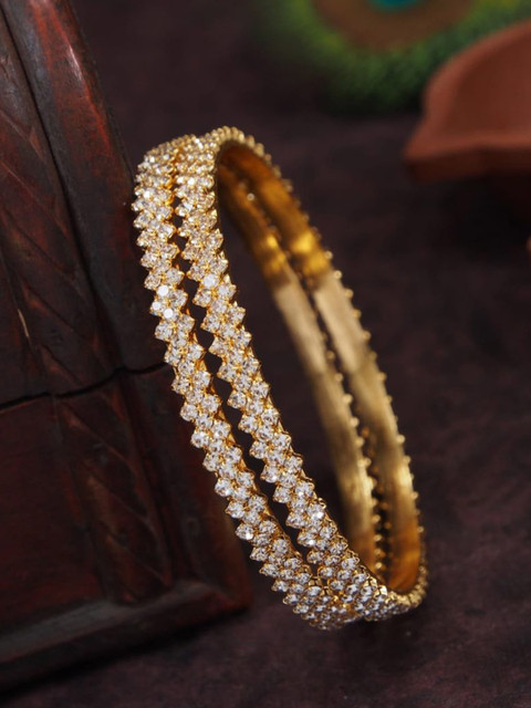 SGA FASHION Set Of 2 Gold-Plated American Diamond Stones Studded Bangles