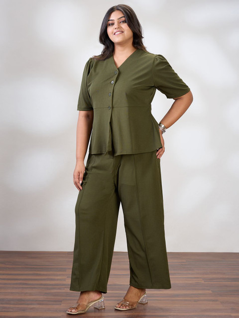 Globus Gloplus V-Neck Puff Sleeves Solid Plus Size Top & Trousers Workwear Co-Ord Set - Image 4