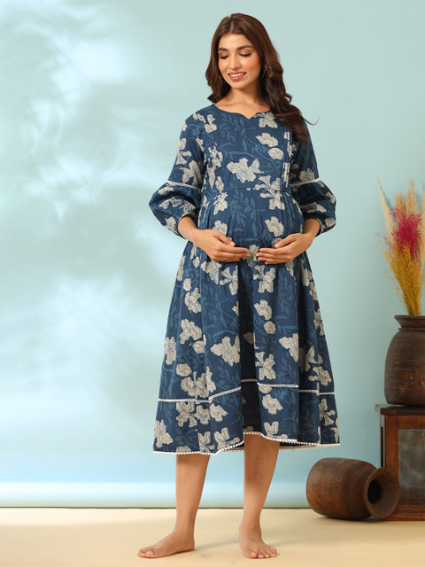 Ikk Kudi by Seerat Women Floral Printed Puff Sleeve Maternity Fit & Flare Midi Dress