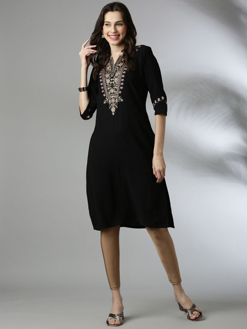 Anouk Floral Yoke Design Notch Neck Thread Work Straight Kurta - Image 6
