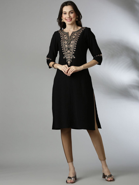 Anouk Floral Yoke Design Notch Neck Thread Work Straight Kurta - Image 2