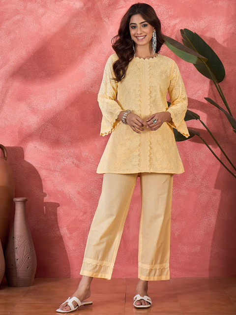 Sangria Schiffli Embroidered Pure Cotton Top & Trousers Co-Ord Set
