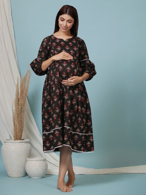 Ikk Kudi by Seerat Women Floral Printed Puff Sleeve Maternity Fit & Flare Midi Dress