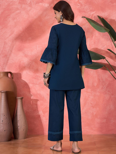 Sangria Schiffli Embroidered Pure Cotton Top & Trouser Co-Ord Set - Image 5