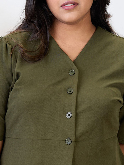 Globus Gloplus V-Neck Puff Sleeves Solid Plus Size Top & Trousers Workwear Co-Ord Set - Image 2