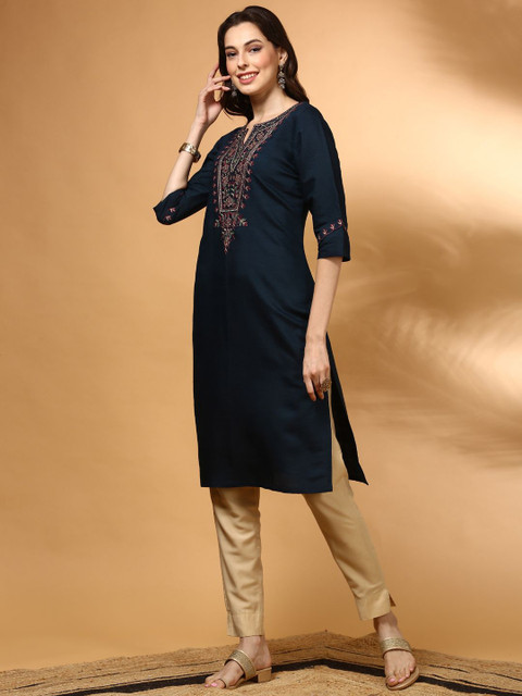 Anouk Floral Yoke Design Notch Neck Straight Kurta - Image 5