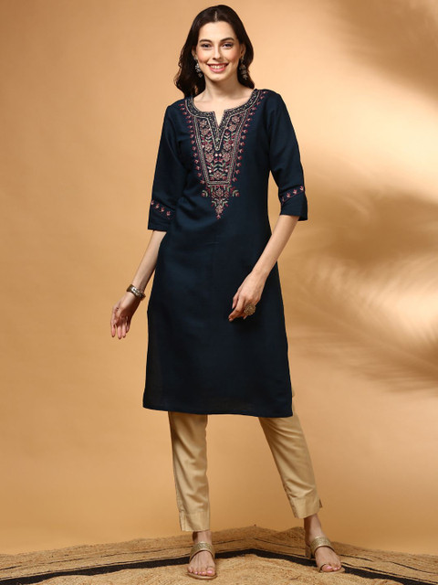 Anouk Floral Yoke Design Notch Neck Straight Kurta - Image 2