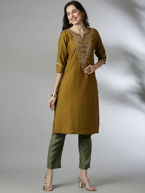 Anouk Women Embroidered Keyhole Neck Flared Sleeves Mirror Work Kurta