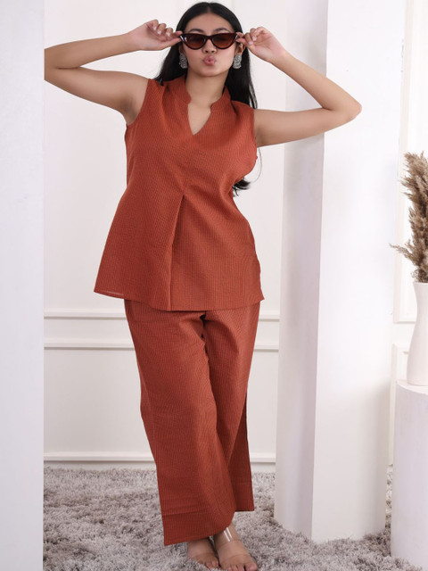 Moda Rapido Pure Cotton Mandarin Collar Neck Tunic With Palazzos Co-Ords