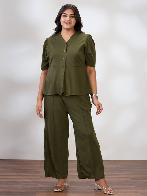 Globus Gloplus V-Neck Puff Sleeves Solid Plus Size Top & Trousers Workwear Co-Ord Set