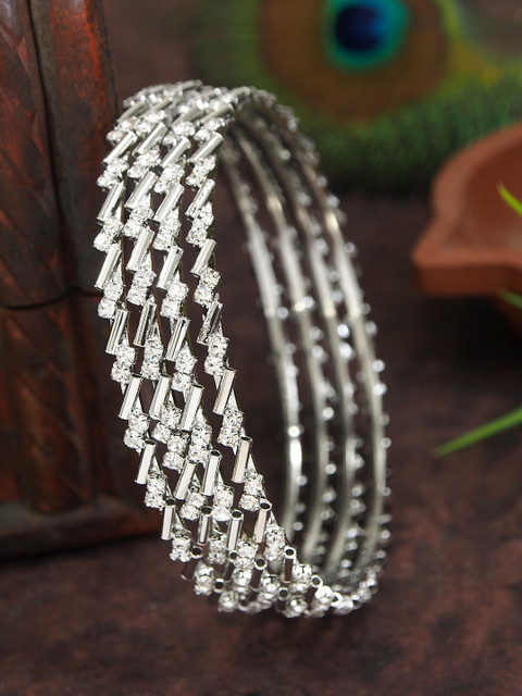 SGA FASHION Set Of 4 Silver-Plated American Diamond Stones Studded Bangles