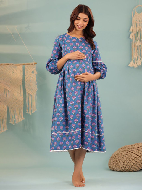 Ikk Kudi by Seerat Floral Print Cuffed Sleeves Maternity Fit & Flare Midi Dress