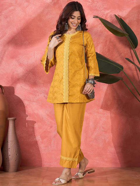 Sangria Schiffli Embroidered Pure Cotton Top & Trousers Co-Ord Set - Image 6