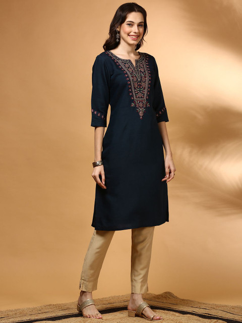 Anouk Floral Yoke Design Notch Neck Straight Kurta - Image 4