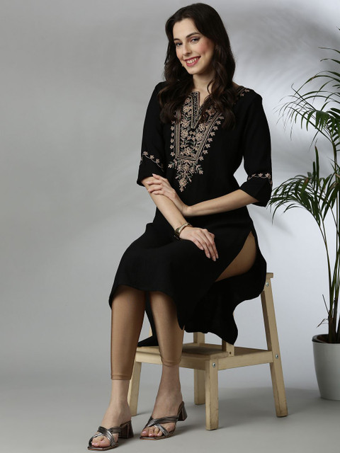 Anouk Floral Yoke Design Notch Neck Thread Work Straight Kurta - Image 7
