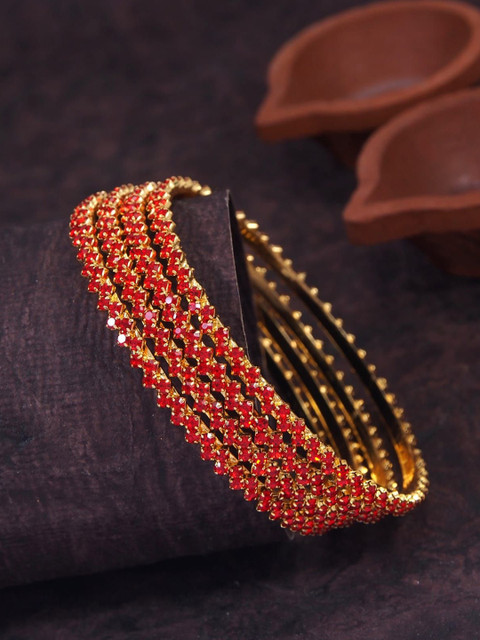 SGA FASHION Set Of 4 Gold-Plated American Diamond Stones Studded Bangles