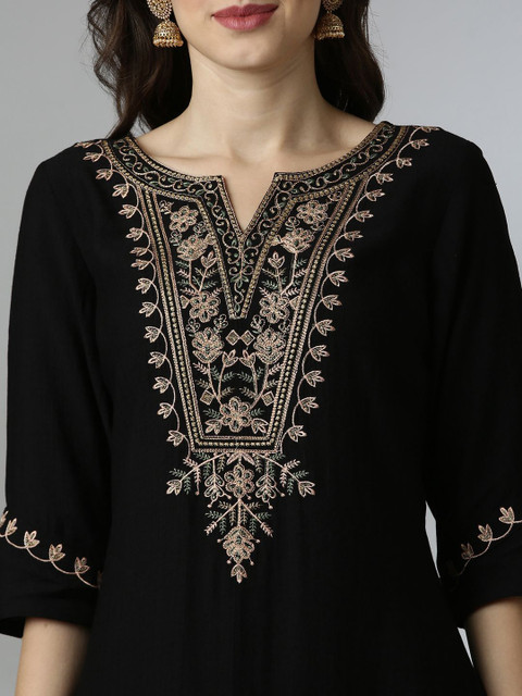 Anouk Floral Yoke Design Notch Neck Thread Work Straight Kurta - Image 3