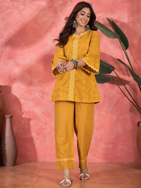 Sangria Schiffli Embroidered Pure Cotton Top & Trousers Co-Ord Set - Image 2