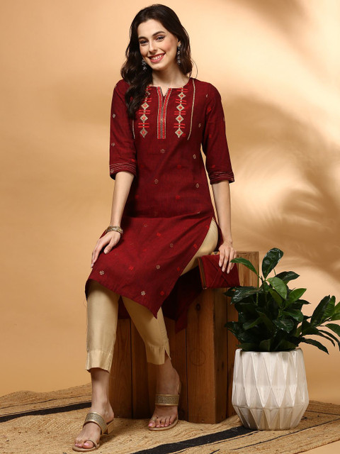 Anouk Geometric Embroidered Notch Neck Cotton Straight Kurta