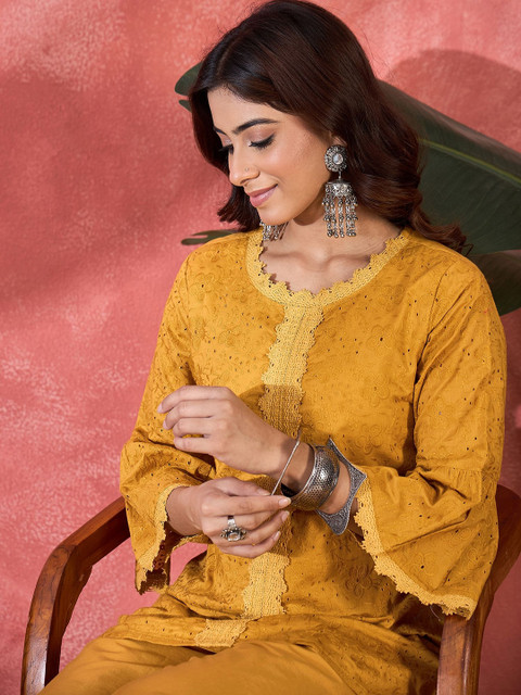 Sangria Schiffli Embroidered Pure Cotton Top & Trousers Co-Ord Set