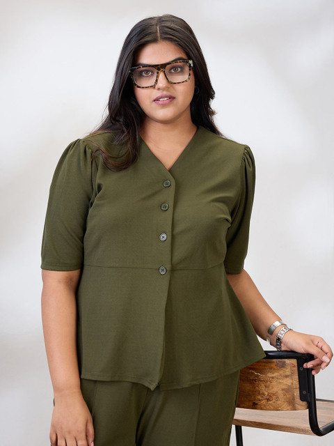 Globus Gloplus V-Neck Puff Sleeves Solid Plus Size Top & Trousers Workwear Co-Ord Set - Image 6