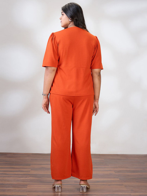 Globus Gloplus V-Neck Puff Sleeves Solid Plus Size Top & Trousers Workwear Co-Ord Set - Image 5