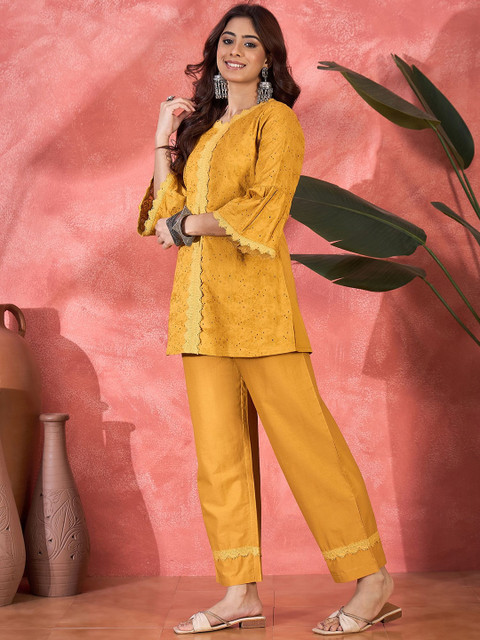 Sangria Schiffli Embroidered Pure Cotton Top & Trousers Co-Ord Set - Image 4