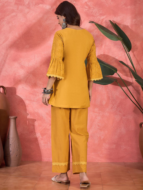 Sangria Schiffli Embroidered Pure Cotton Top & Trousers Co-Ord Set - Image 5