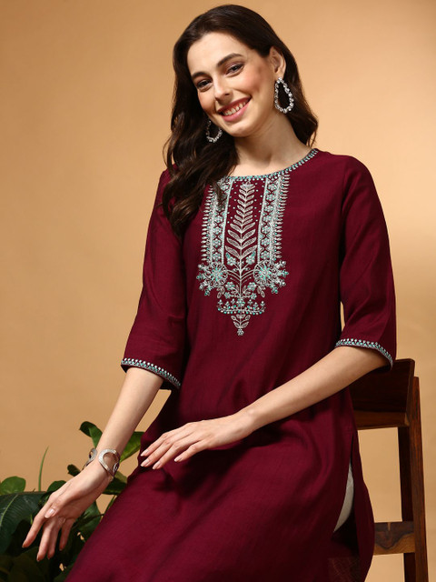 Anouk Women Embroidered Round Neck Kurta