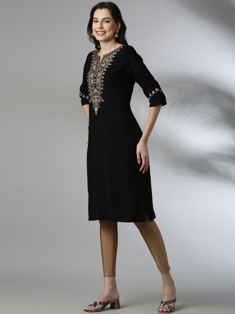 Anouk Floral Yoke Design Notch Neck Thread Work Straight Kurta - Image 4
