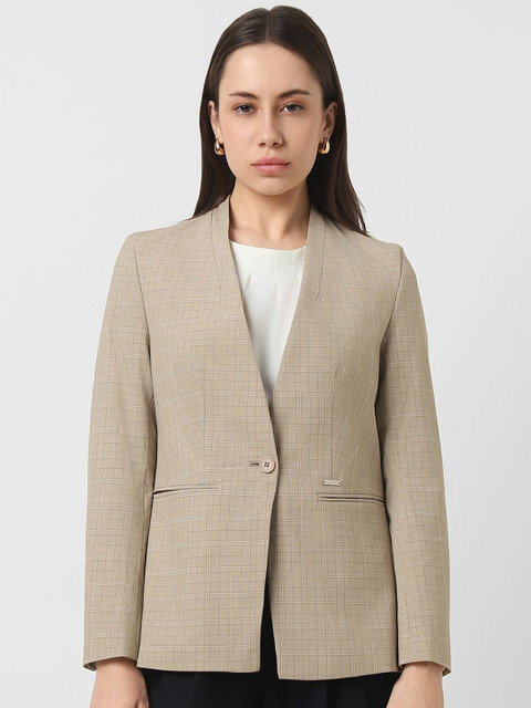 Van Heusen Woman Checked V-Neck Collar Single Breasted Blazer