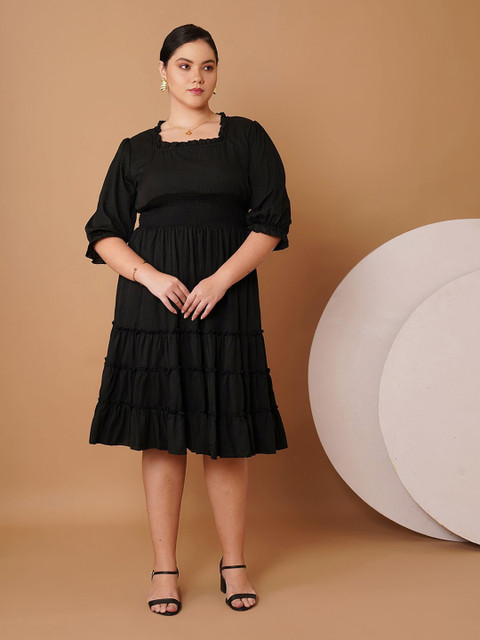 Sztori Women Self Design Fit & Flare Square Neck Dress