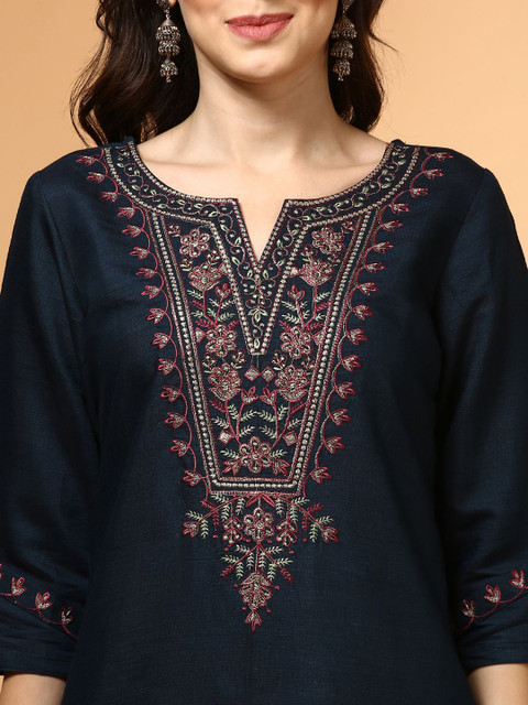 Anouk Floral Yoke Design Notch Neck Straight Kurta - Image 3