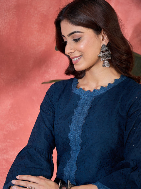 Sangria Schiffli Embroidered Pure Cotton Top & Trouser Co-Ord Set - Image 2