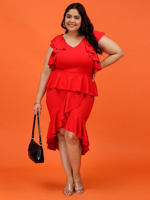 Toodle Plus Women Plus Size V-Neck Flutter Sleeve Peplum Dress