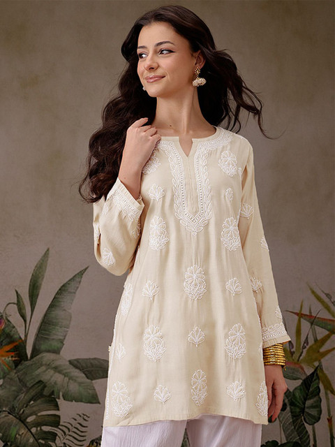 ADA Floral Embroidered Chikankari Chanderi Silk Kurti