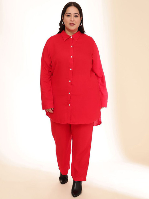 Sztori Shirt Collar Neck Plus Size Top With Trousers Co-Ords