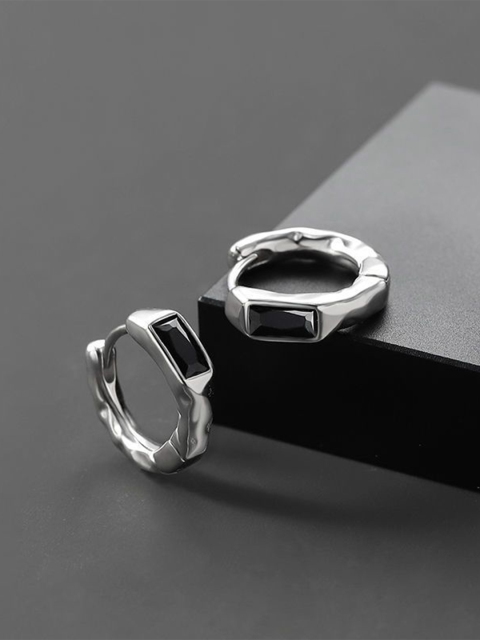 StyleCast x Revolte Stainless Steel Silver-Plated Studded Geometric Shaped Hoop Earrings