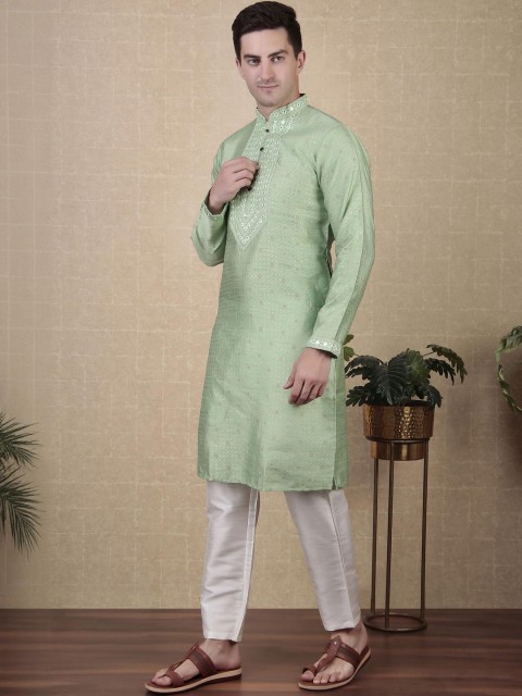 PulseIQ Men Lime Green Art Silk Kurta Sets - Image 5