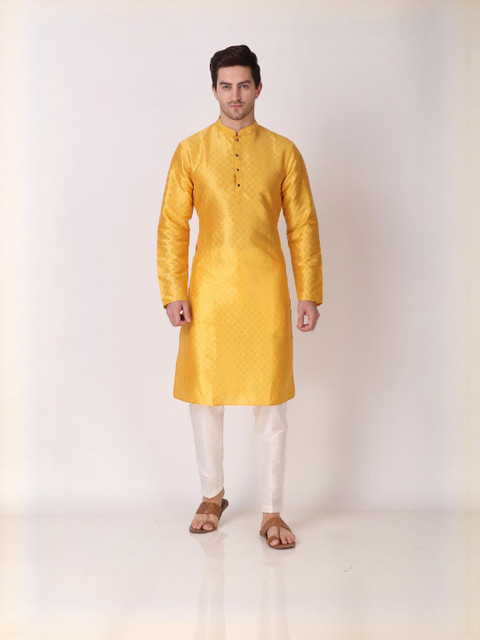 PulseIQ Men Yellow Art Silk Kurta Sets