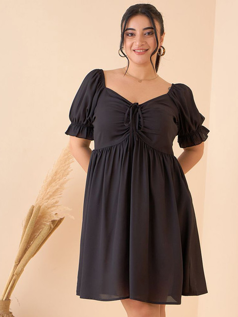 CURVE BY KASSUALLY Women Plus Size Puff Sleeve Georgette Empire Knee Length Dress