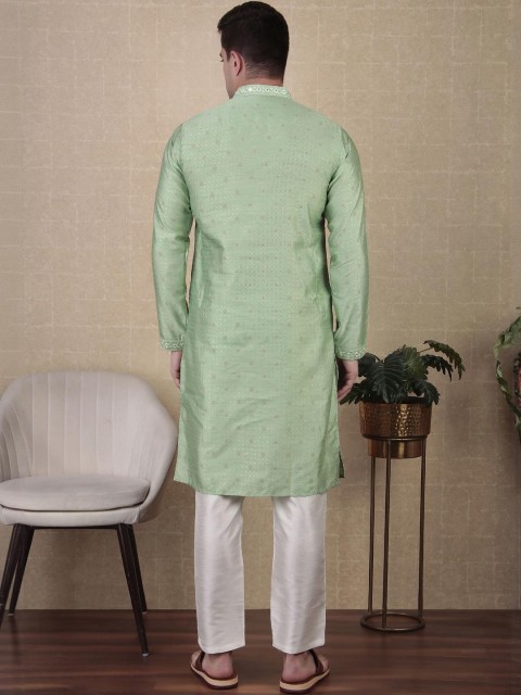 PulseIQ Men Lime Green Art Silk Kurta Sets - Image 3