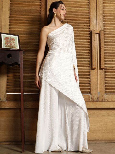 QISSA White One Shoulder Asymmetrical-Pleated Neck Top With Trousers Co-Ords - Image 5