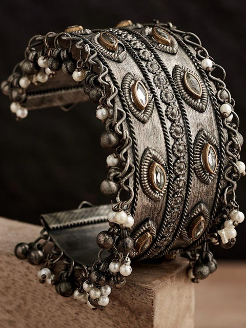 Sangria Silver-Plated Bangle with Ghunghroo and beads drop