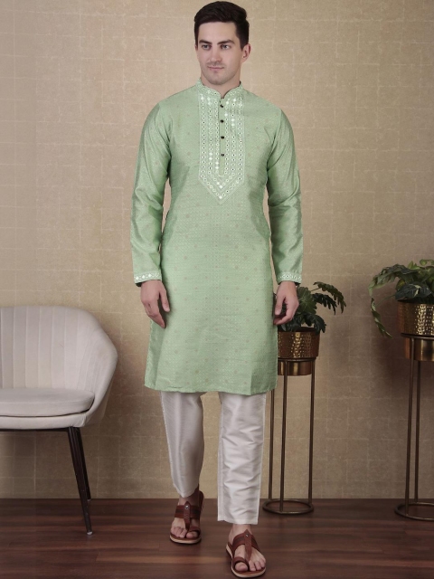 PulseIQ Men Lime Green Art Silk Kurta Sets