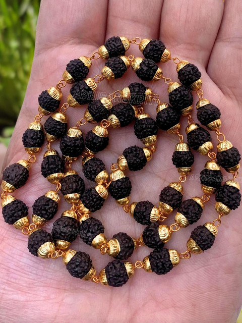 Apnisanskriti Unisex Black Rudraksha Golden Caps Mala
