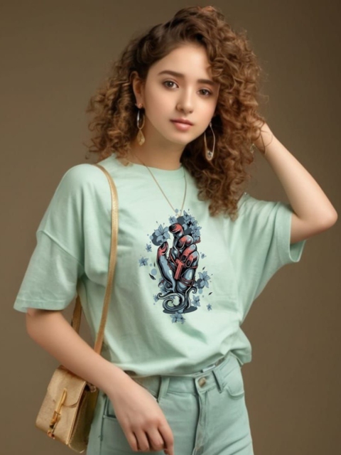 DressBerry Graphic Printed Round Neck Drop Shoulder Sleeves Cotton Oversized T-Shirt