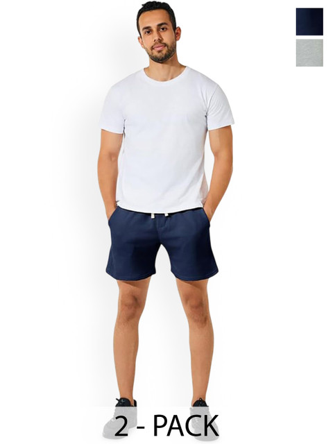 Hotfits Men Pack of 2 Solid Slim Fit Mid-Rise Training or Gym Cotton Regular Shorts