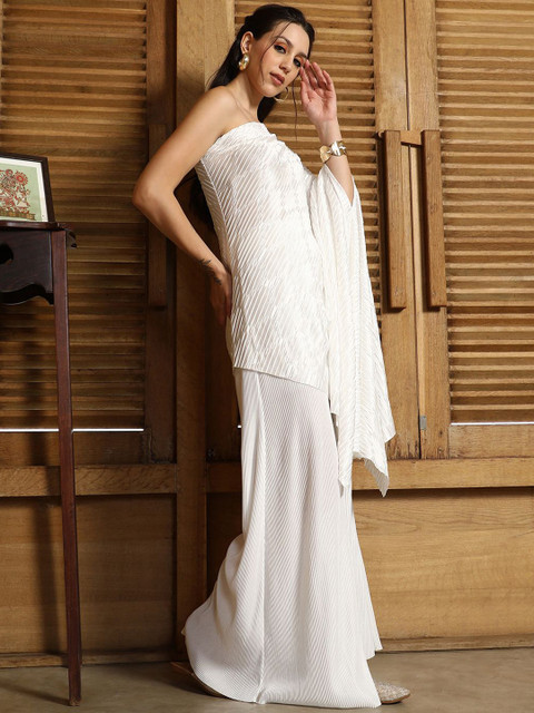 QISSA White One Shoulder Asymmetrical-Pleated Neck Top With Trousers Co-Ords - Image 3