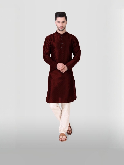 PulseIQ Men Maroon Art Silk Kurta Sets